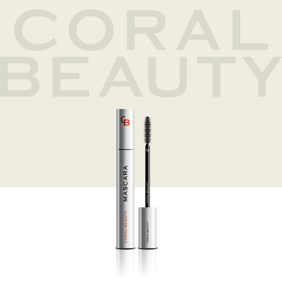 Coral Beauty Mascara — silver tube against oversized Coral Beauty type on warm cream